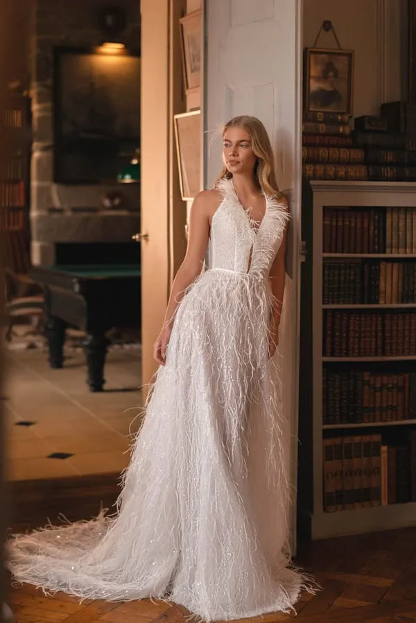 Feather Deep V-Neck Dress Women Sexy Backless A-Line Solid Wedding Dresses Satin