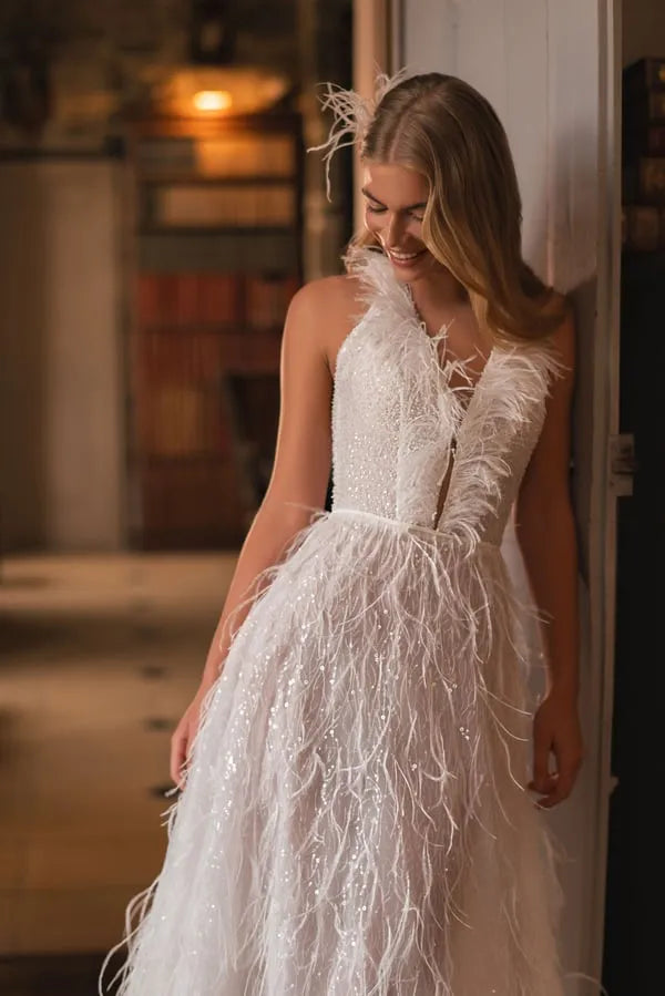 Feather Deep V-Neck Dress Women Sexy Backless A-Line Solid Wedding Dresses Satin