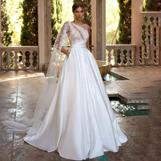 Boho Wedding Dresses Vintage Lace A-Line Lengan Tanpa Gaun Pengantin Satin Elegan dengan Poket