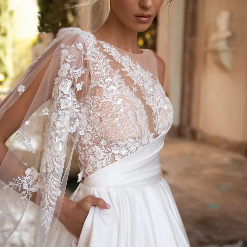 Boho Wedding Dresses Vintage Lace A-Line Lengan Tanpa Gaun Pengantin Satin Elegan dengan Poket