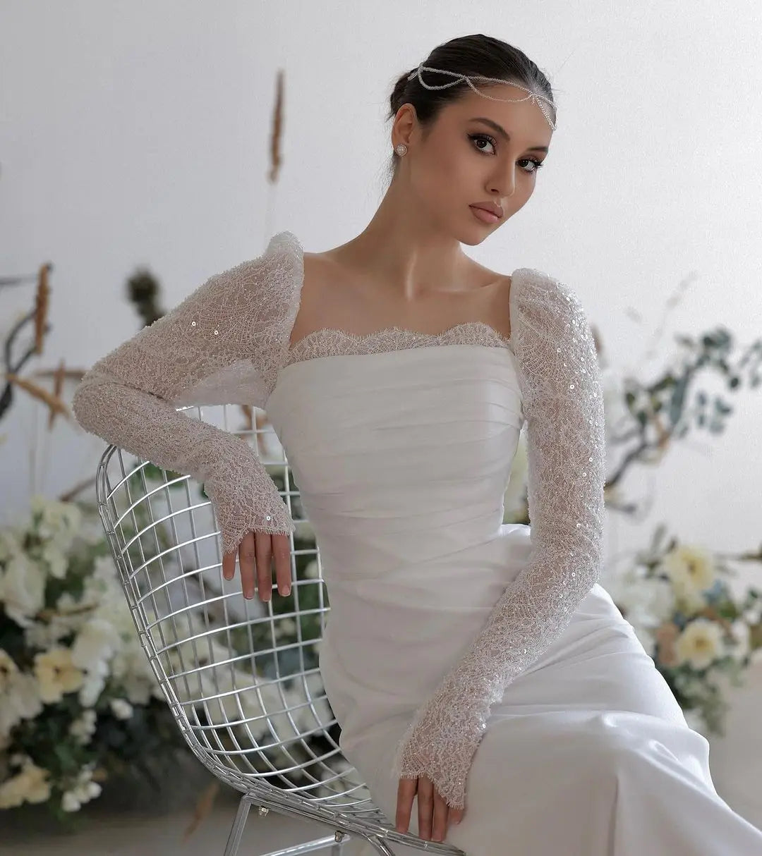 Abiti da sposa a nermaid bohémien a maniche lunghe al pizzo