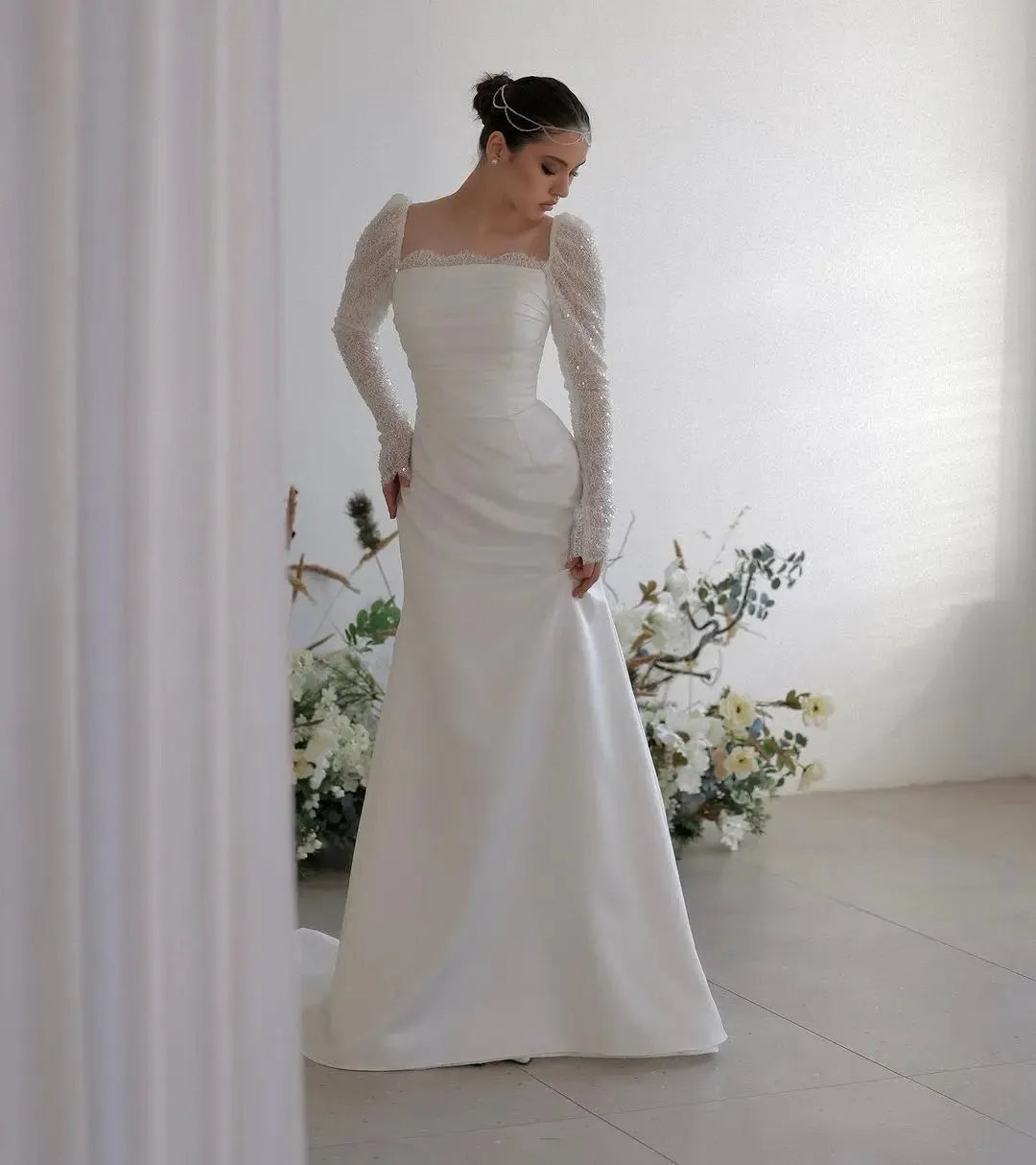 Bohemian Nermaid Wedding Dresses Lace Long Sleeves Sweetheart Formal Pricness Bride Bridal Gown Party Evening Dress Ivory