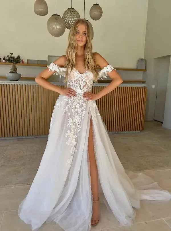Boho Beach Off The Shoulder Lace A pplique 3d Flower A ine Wedding Dresses Side Slit Brdal Gowns Formal Rode De Morrie