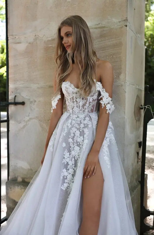 Boho plage hors De l'épaule dentelle une pplique 3d fleur une ine robes De mariée côté fente robes De mariée formelle Rode De Morrie