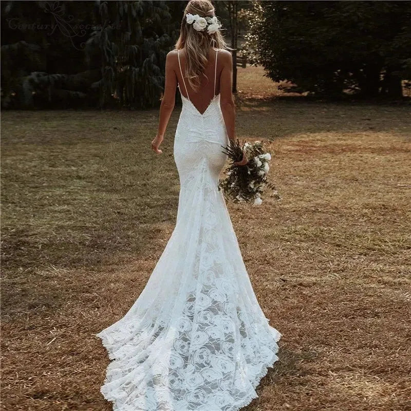 Boho Mermaid Wedding Dresses Spaghetti Straps Lace Backless Beach Sexy V-Neck Bohemian Bridal Gowns Elegant Vestidos De Noiva 20w