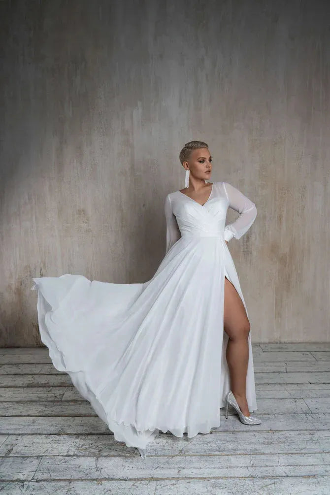 Plus Size Chiffon Wedding Dress V Neck Long Sleeve High Slit Beach White Bridal Gown Sweep Train Simple Custom Свадебное платье Ivory 26w Plus Size