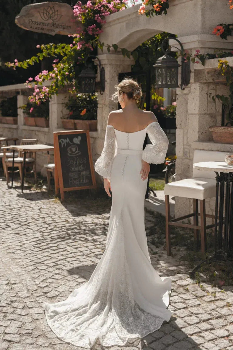 Wedding Dresses Mermaid Applique Satin Lace Puff Sleeve Bride Gown Backless Button Belt vestido de noiva Custom Made Satin