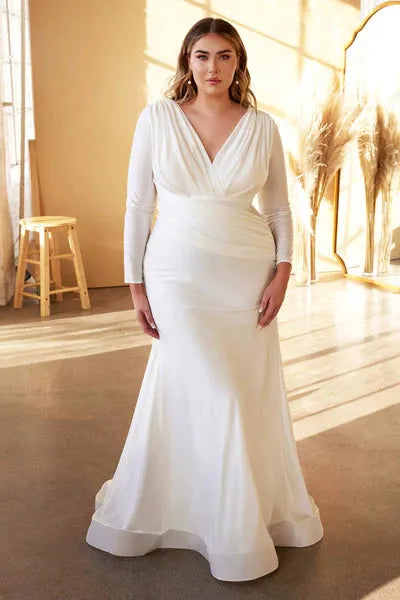 Elegant Wedding Dress Plus Size Woman Bride Long Sleeves Double V-Neck Bride Gowns Mermaid Soft Satin vestidos de novia 28w Plus Size