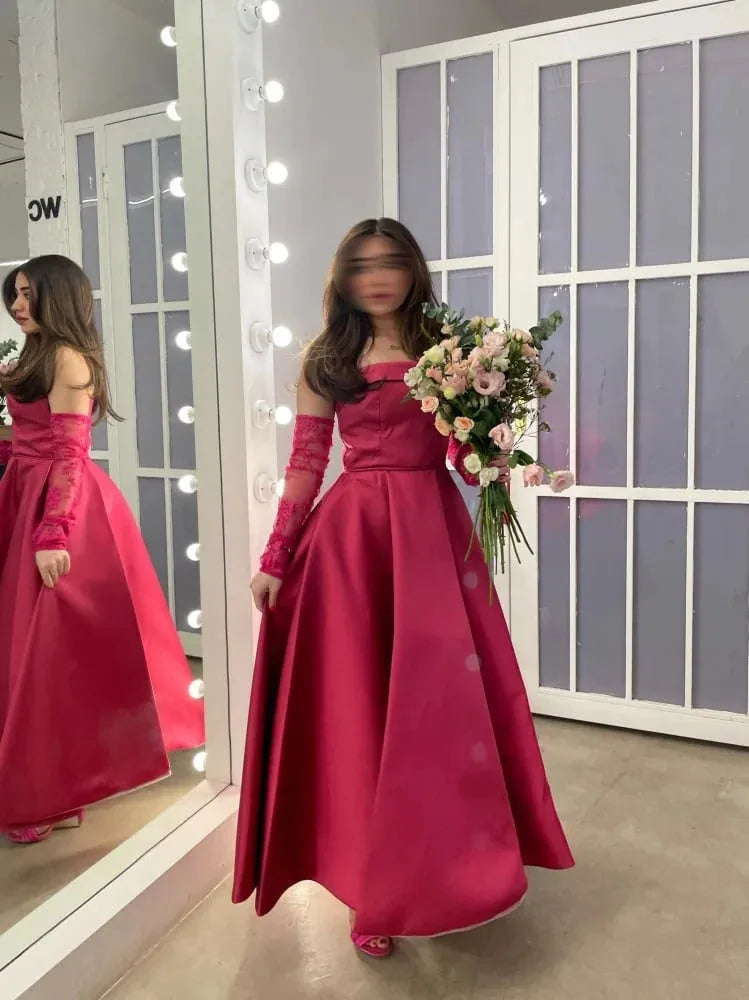 Wine Red Off Shoulder A-line Evening Dress Lace Detachable Sleeves فستان حفلات الزفاف Pleated Satin robes de soirée as pic