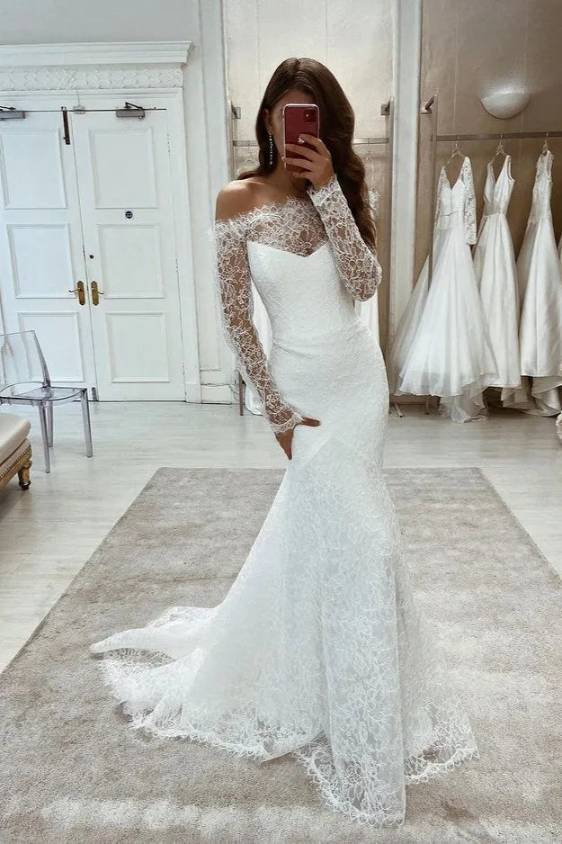 Elegant Lace Mermaid Wedding Dresses Off the Shoulder Long Sleeves Trumpet Bride Dresses Boat Neck Long Bridal Gowns Plus Size