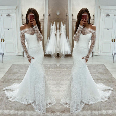 Elegant Lace Mermaid Wedding Dresses Off the Shoulder Long Sleeves Trumpet Bride Dresses Boat Neck Long Bridal Gowns Plus Size