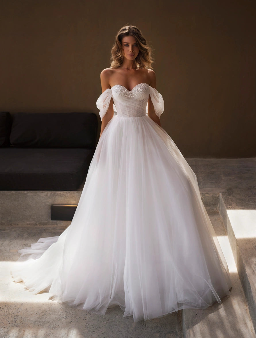 Vestidos de novia de encaje de princesa de lujo con cuentas, vestidos de novia de corte A con escote en forma de corazón y hombros descubiertos, Vestido de fiesta Formal elegante