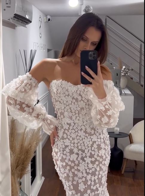 Vestidos de novia elegantes de sirena, vestidos de fiesta de novia con flores y escote en forma de corazón, vestidos de novia con mangas abullonadas para mujer