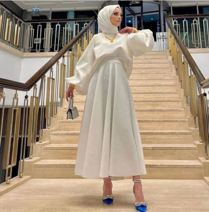 Muslim einfache Hochhochkragen Elfenbein A-Linie Brautkleider Voll vertikal drapiertes Falten Satin Braut Kleid Anke Länge Robe de Mariéee