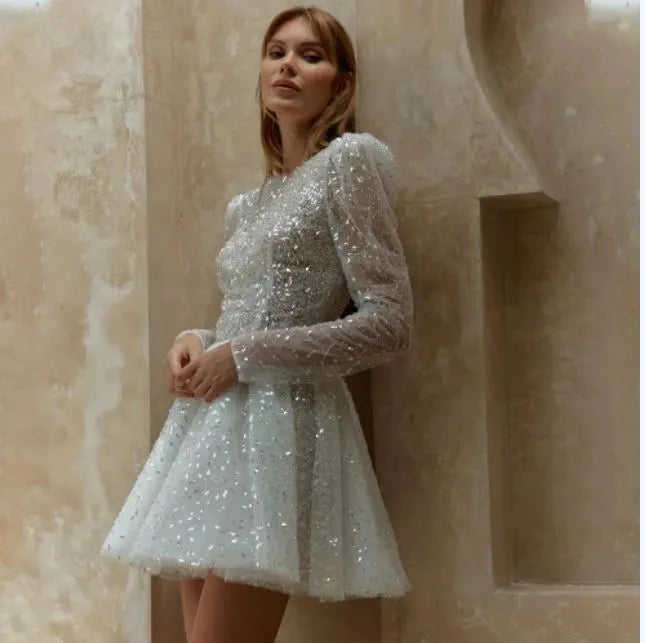 Glitter Short Wedding Dresses High Neck Long Sleeves Bride Party Dresses for Women Sequined A-Line Bridals Prom Gowns As picture