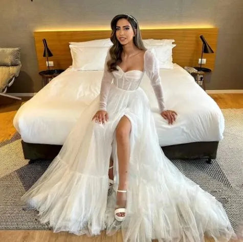 Glitter Sweetheart Wedding Dresses High Slits Long Sleeve Ruched A Line Boho Simple Bridal Gown Robe Custom Vestidos De Noiva 14w