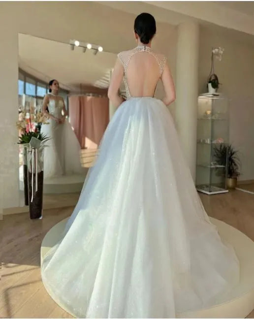 Glitter Elegant Mermaid Wedding Dresses High Neck Backless Bride Party Dresses for Women Bridals Prom Dresses with Train White 26W