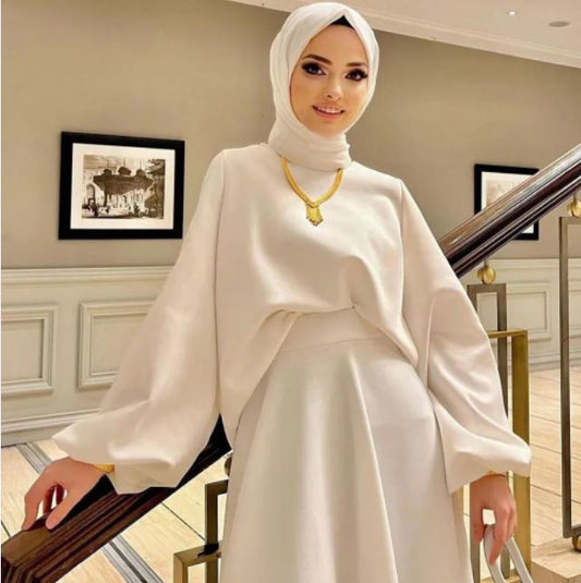 Musulman Simple Col Haut Ivoire A-ligne Robes De Mariée Pleine Drapée Verticale Plissé Satin Robe De Mariée Anke Longueur robe de mariée