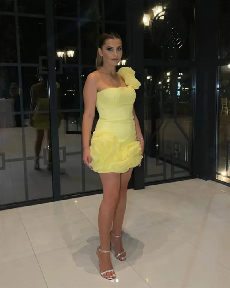 Beauty Yellow One Shoulder Short Prom Dresses Fashion Ruffled Mini Length Cocktail Dress Women Formal Occasion Gown فساتين سهرة Yellow