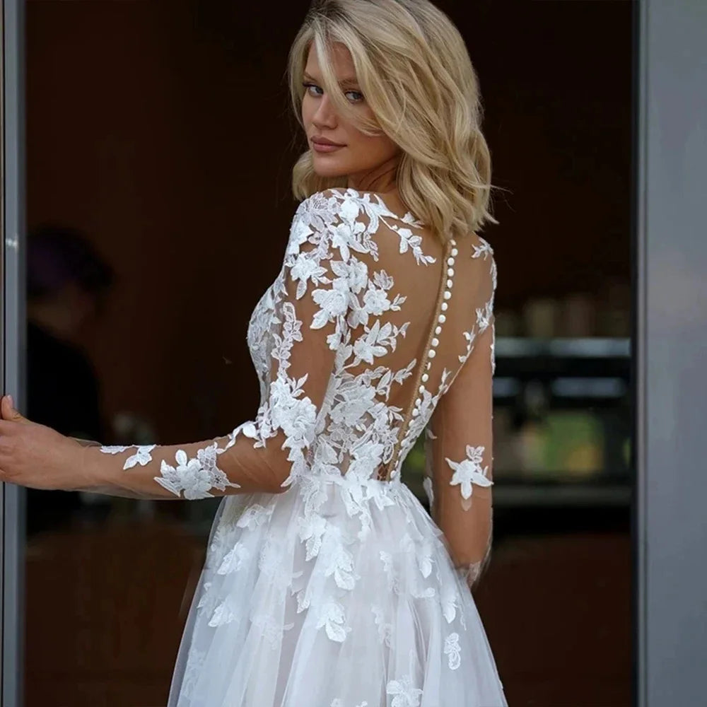 Elegant A-Line Wedding Dresses Long Sleeves Appliques Tulle Brides Dress for Women Button Generous Bridals Dresses Bespoke