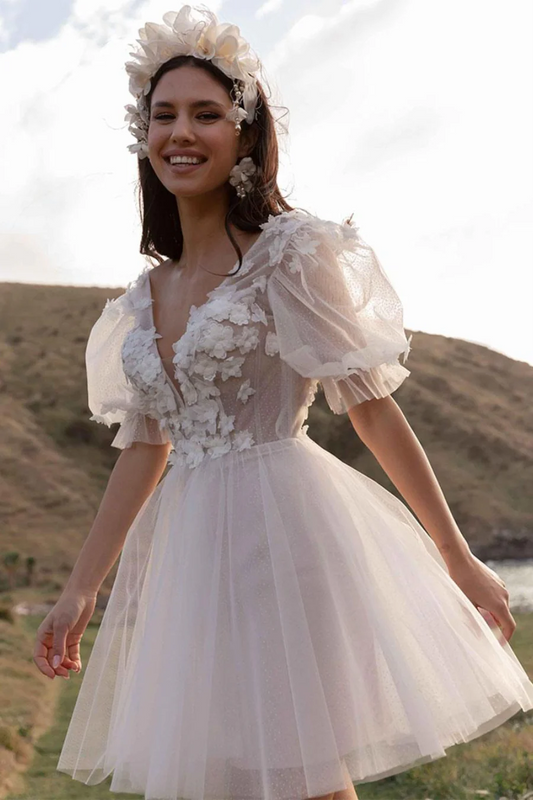 Vestidos de novia cortos simples, mangas cortas, apliques de tul sin espalda, minivestidos de novia con ilusión de flores, vestido de boda Civil