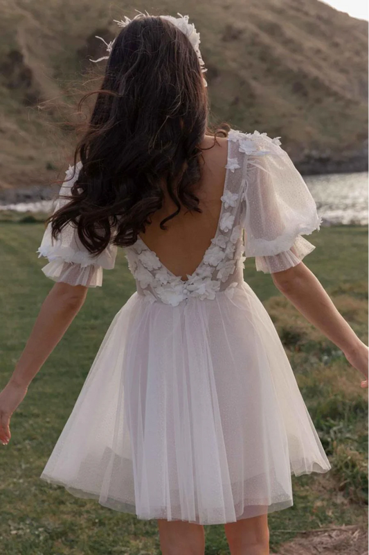 Vestidos de novia cortos simples, mangas cortas, apliques de tul sin espalda, minivestidos de novia con ilusión de flores, vestido de boda Civil