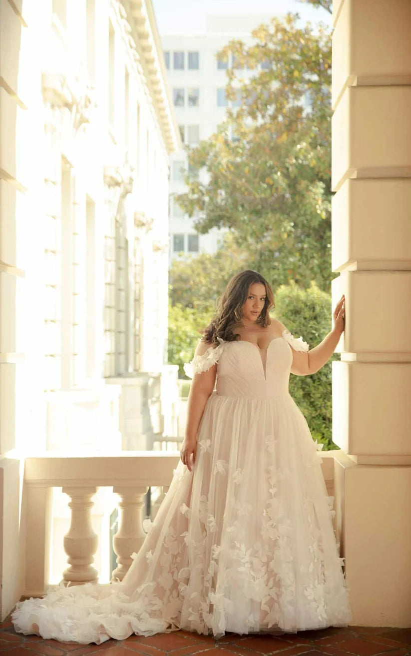 Plus Size Tulle Ballgown Hochzeitskleid 3D Blumen angewandte Braut Kleider außerhalb der Schulterbrautkleid Vestidos de Novi