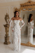 Formal White Lace Porm Dress Customized Floor-Length Off Shoulder Wedding Dresses Satin