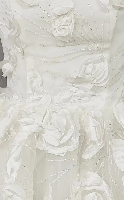 Vestido de fiesta de boda corto con mangas abullonadas y cuello cuadrado con flores en 3D, minivestido de novia largo con cremallera en la espalda