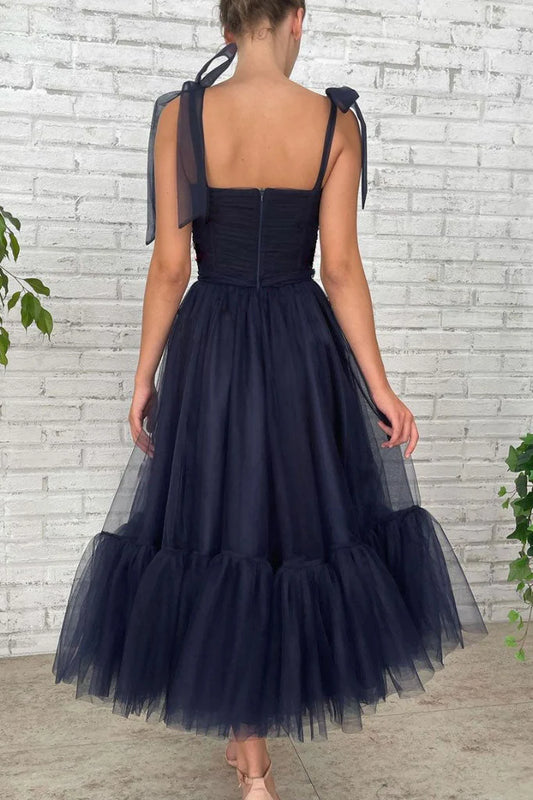 Vestidos de Noche sencillos hasta el té, tul, línea A, tirantes finos, azul real, azul marino, fiesta Formal, vestidos de graduación, mujeres elegantes personalizadas