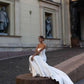 Vestido de novia de sirena sencillo de satén, sin tirantes, sin mangas, elegante, con cremallera en la espalda, cola de corte, hecho a medida