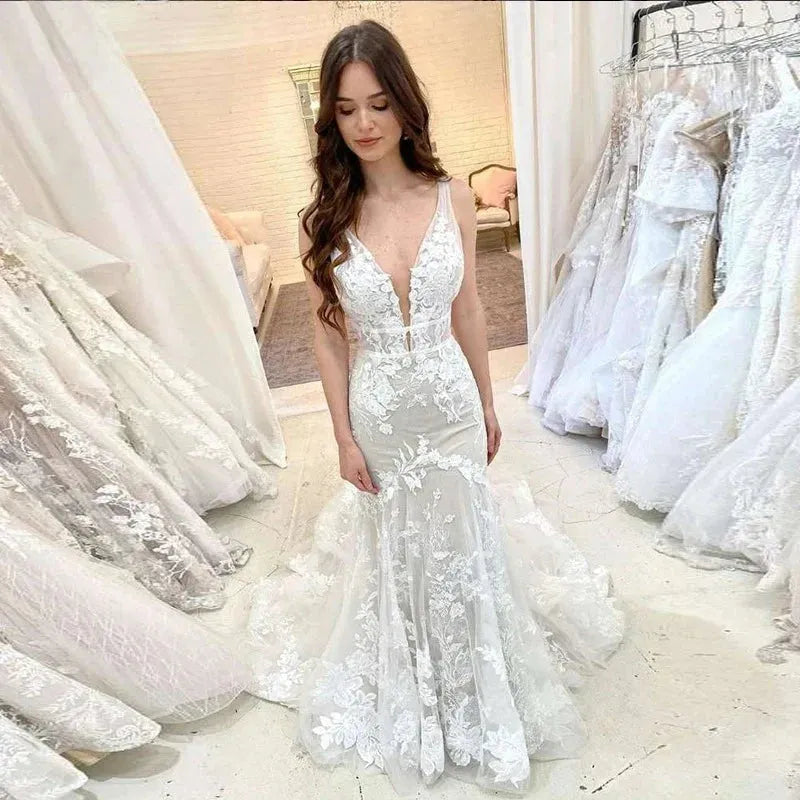 Luxury Mermaid Wedding Dresses Sexy V-Neck Appliques Lace Custom Made Wedding Gown Boho Bridal Dress vestidos de novia As picture Boho