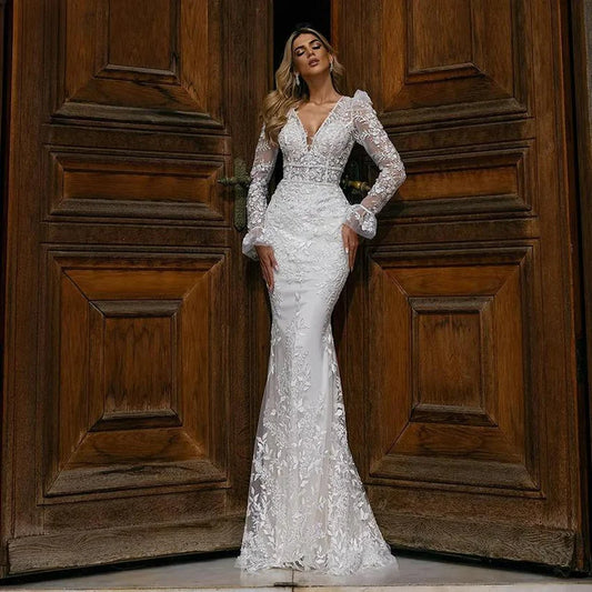 Bodycon Bodycon Lace Mermaid Gaun Perkahwinan Telus Lengan Panjang Boho Gaun Pengantin Boho Appliques V-Neck Bride Dress