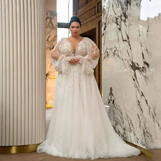 Robe De Mariée Sexy, col en v, grande taille, manches bouffantes détachables, avec des appliques, ligne a, sur mesure 