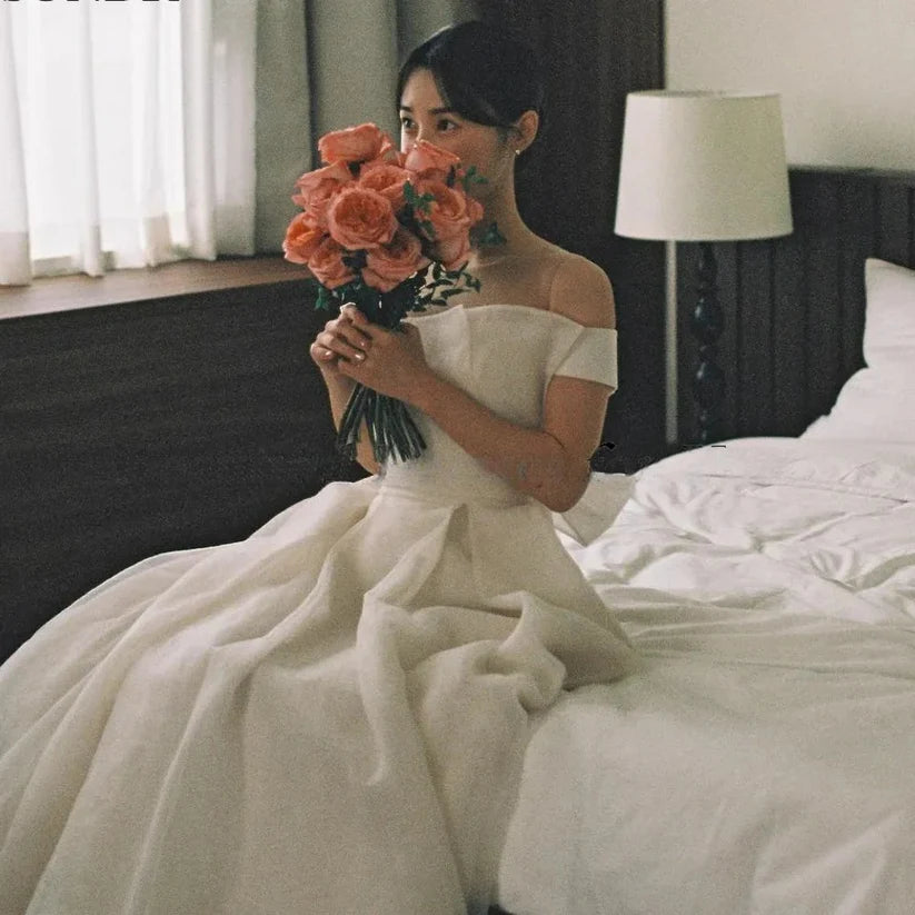 Sheer O-Neck Wedding Dresses Gown Organza Open Back Off White A-Line Korea Brides Vestido De Noiva Women Bridal Dresses
