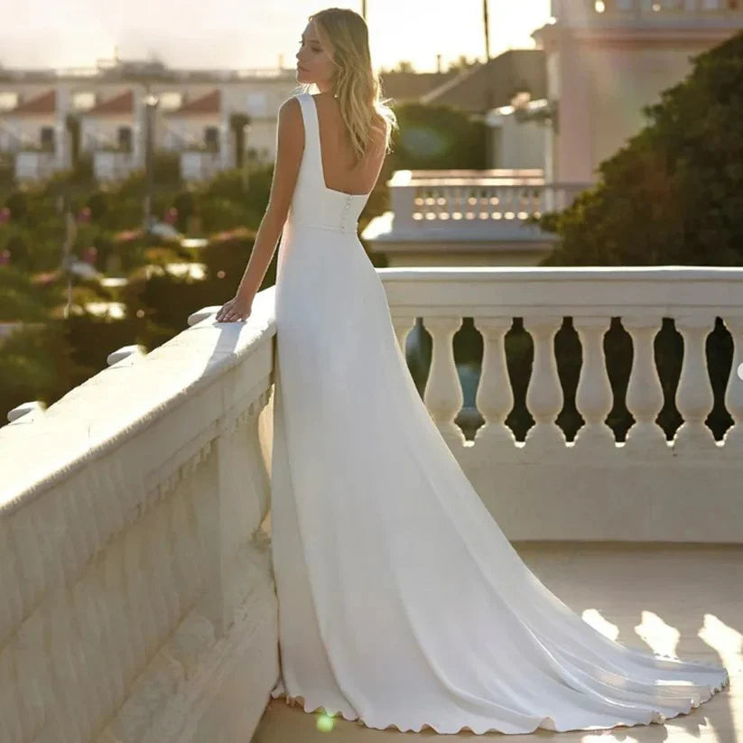 Vestidos de novia blancos con cuello cuadrado sencillo para mujer, cinturón sin mangas con abertura lateral, vestido de novia con botones modernos, bata de novia sin espalda