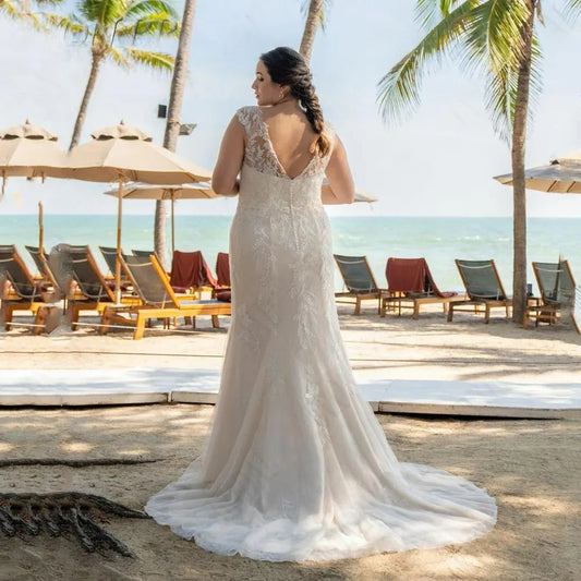 Vestidos de novia de encaje vintage de talla grande, mangas casquillo de sirena, apliques con cuello en V, vestidos de novia con botones, vestido de novia sin espalda 