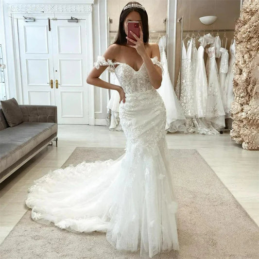 Gaun pengantin renda vintage membengkak putri duyung dari bahu 3d bunga appliques gaun pengantin backless beach bride gaun