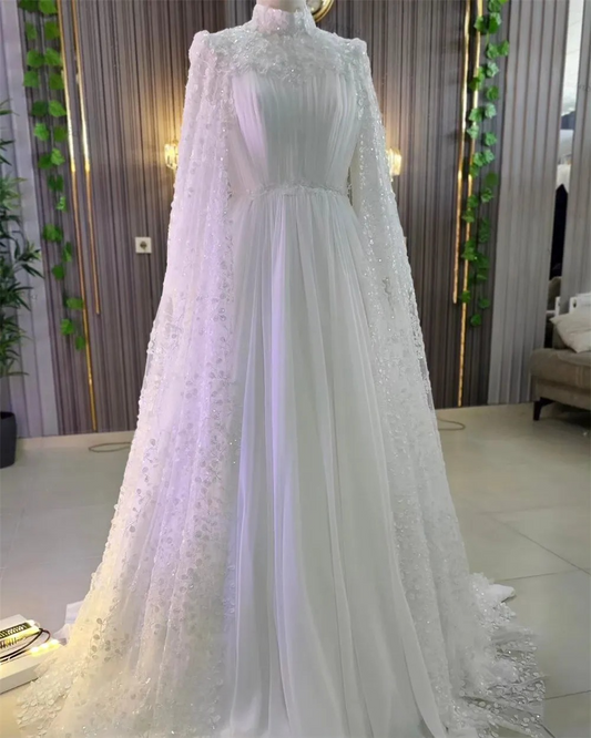 Dubai Muslim Mewah Pakaian Perkahwinan Beading Lace A-Line High Neck Abito Da Sposa Chiffon Lipat Lengan Panjang Gaun Pengantin