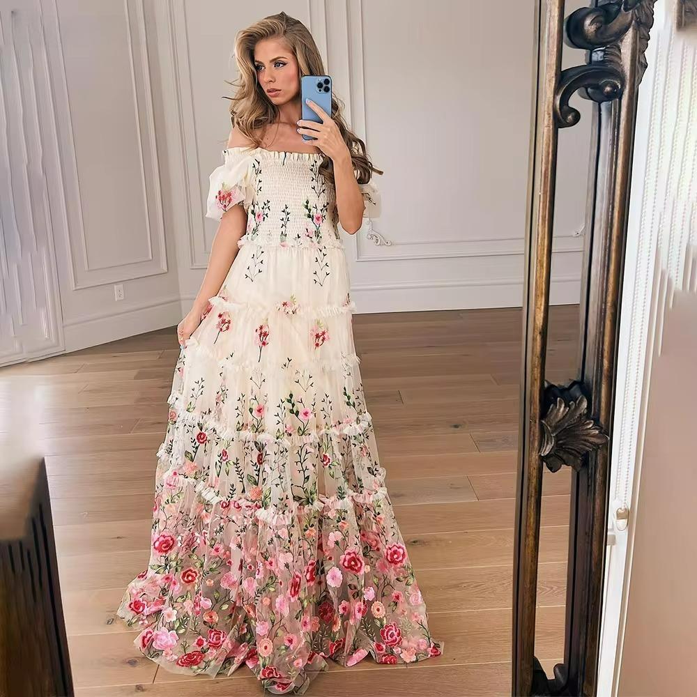 Vestido de fiesta de tela de tul Floral, elegante y modesto, cintura imperio, corte en A, bordado de encaje de flores, فساتين السهرة