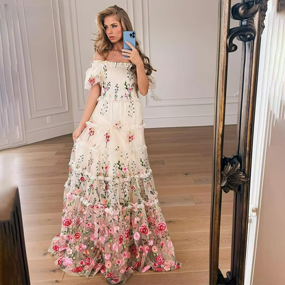 Elegant Modest Floral Tulle Fabric Prom Dress Empire Waist A-line vestidos de fiesta Flower Lace Embroidery  فساتين السهرة