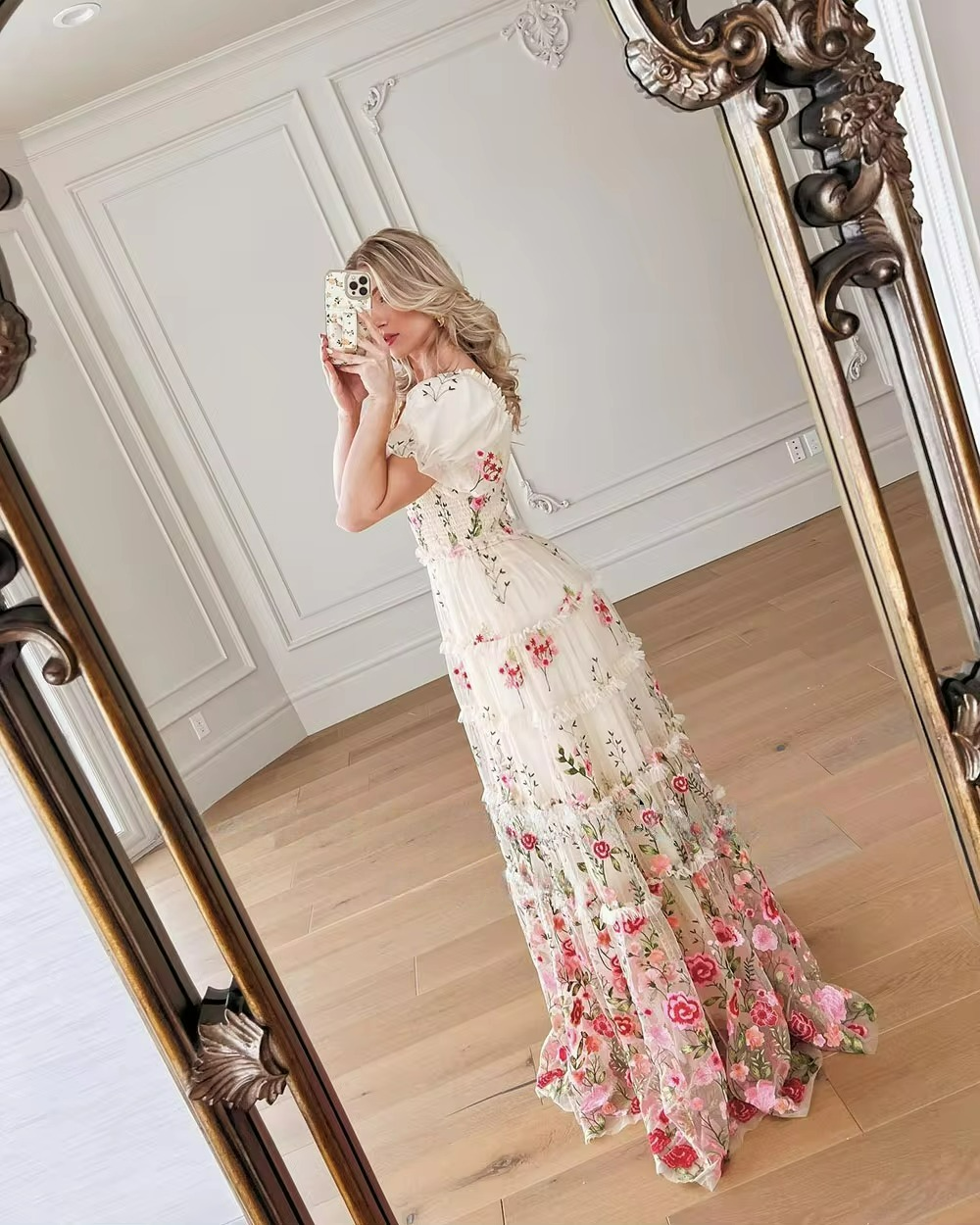 Elegant Modest Floral Tulle Fabric Prom Dress Empire Waist A-line vestidos de fiesta Flower Lace Embroidery  فساتين السهرة