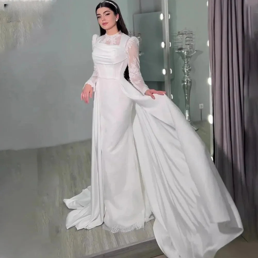 Elegant Wedding Dresses for Women High Long Sleeves Brides Party Gowns Pleat Lace Dubai Bridals Evening Dresses with Train White