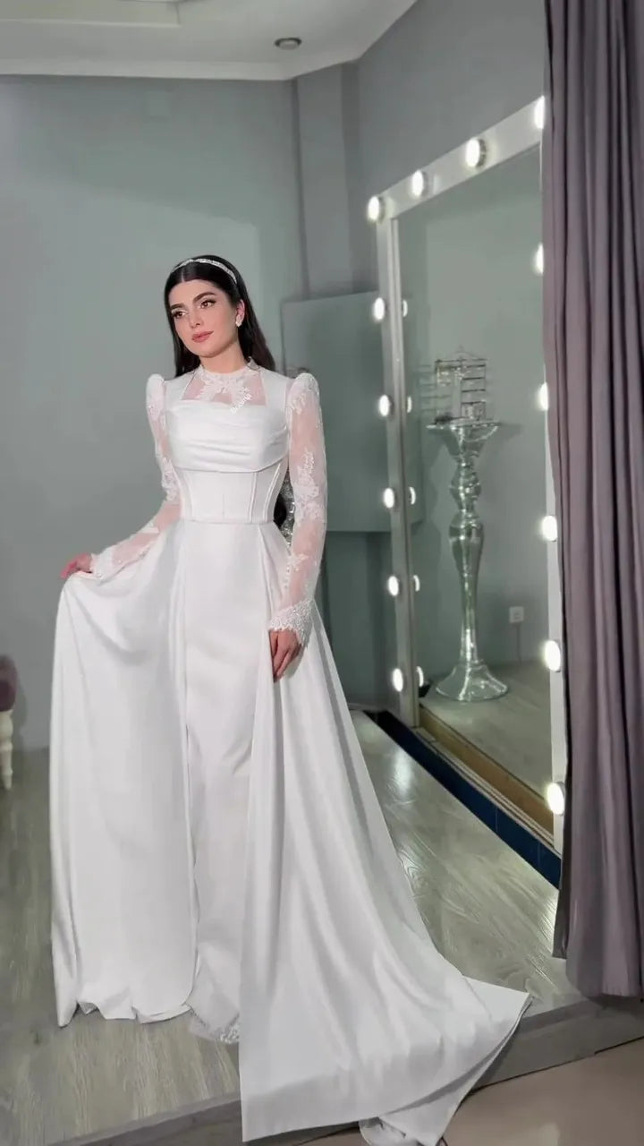 Elegant Wedding Dresses for Women High Long Sleeves Brides Party Gowns Pleat Lace Dubai Bridals Evening Dresses with Train White