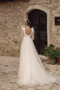 Stylish Square Collar Bridal Dress Slit Tulle Long Sleeves Backless A-line Vestido De Casamento Customized Satin