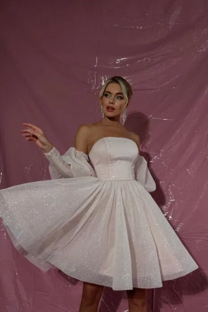 Vestidos de novia cortos de organza brillante, línea A, mangas abullonadas, vestidos de fiesta para novias, hasta la rodilla, vestidos de noche de graduación