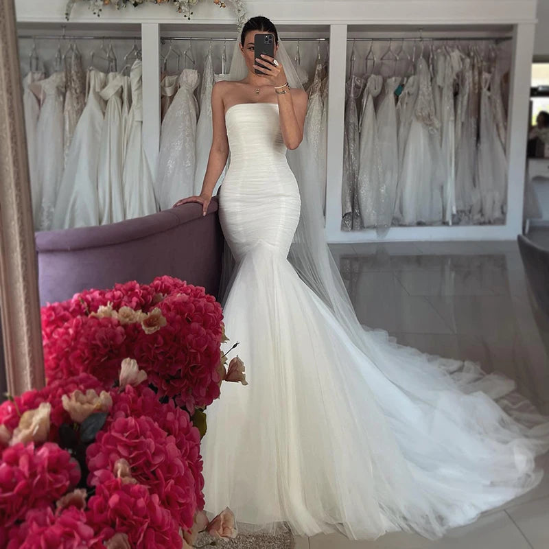 Boho Tulle Mermaid Wedding Dresses Off Shoulder Backless Solid Bridal Gowns Strapless Princess Bride Dress Custom Color