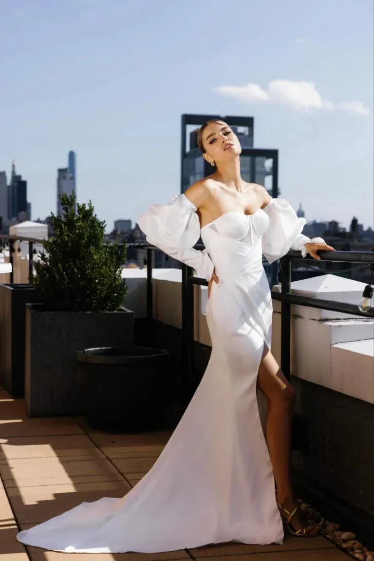 Charming Mermaid Wedding Dress For Women Strapless Puff Long Sleeve Charming Side Slit Vestidos De Novia Customized Satin