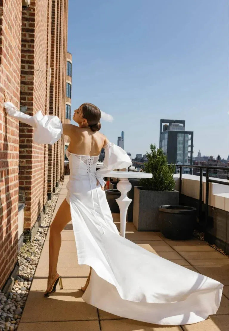 Charming Mermaid Wedding Dress For Women Strapless Puff Long Sleeve Charming Side Slit Vestidos De Novia Customized Satin