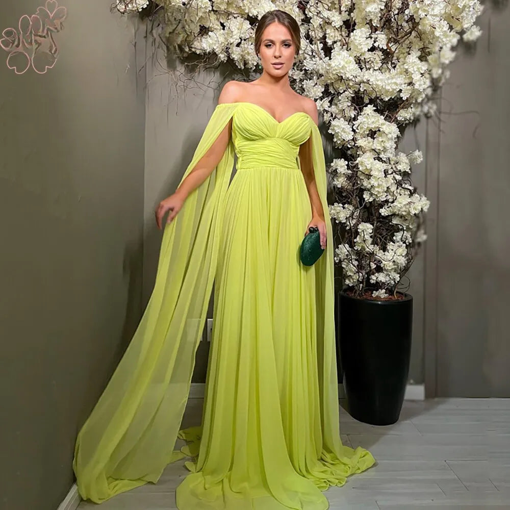 Cape Sleeve Prom Dress Rose Pink A-line فستان سهرة Sexy Off Shoulder Party Dresses Floor Lenght Vestido De Noche rose pink